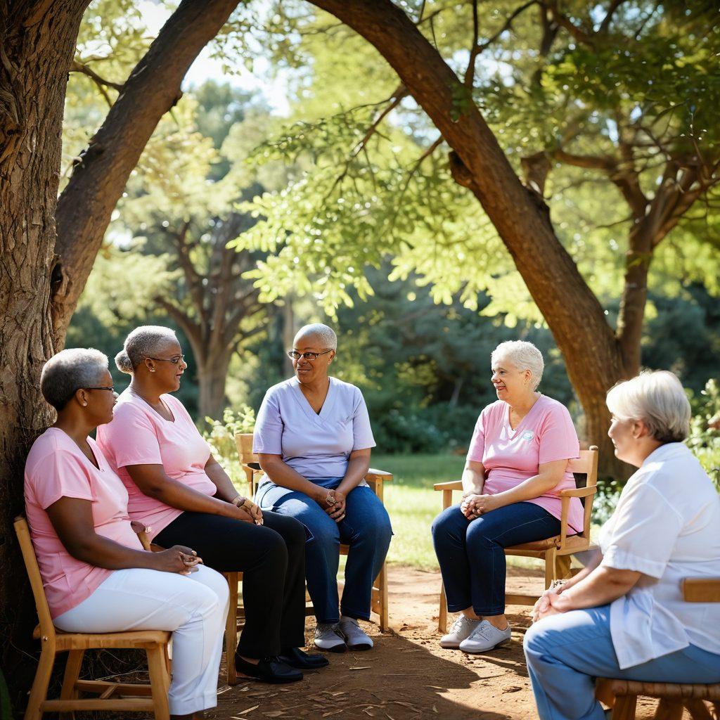 A serene scene depicting a diverse group of cancer survivors and caregivers engaged in supportive conversation, surrounded by a warm, healing environment with natural elements like trees and sunlight filtering through. Include symbolic items like ribbons and care guides to represent the community's strength and resources. The atmosphere should be uplifting and hopeful, reflecting resilience and connection in cancer care. super-realistic. vibrant colors. warm tones.