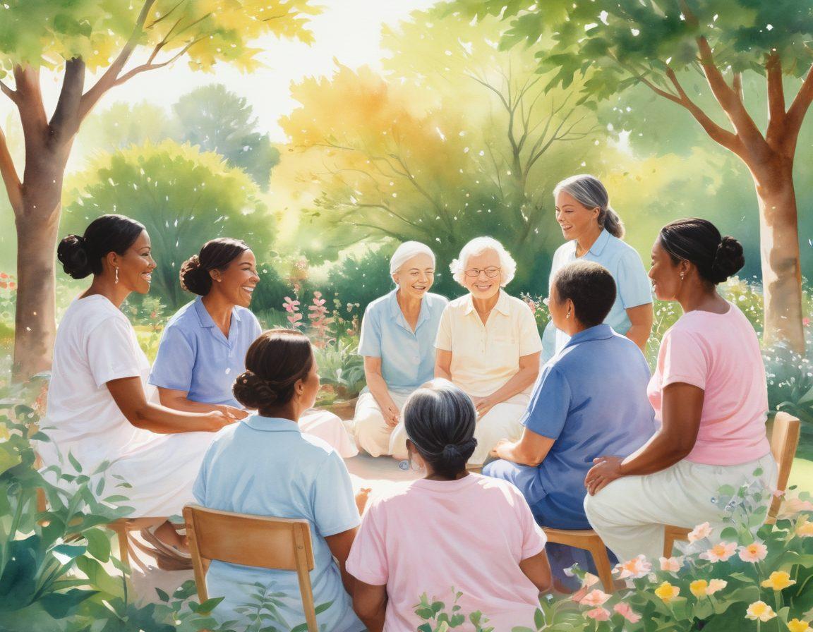 A warm, inviting scene featuring a diverse group of caregivers and survivors gathered in a supportive circle, sharing stories and laughter. In the background, a serene garden symbolizes hope and healing, with soft sunlight filtering through the leaves. Include elements like comforting hands, supportive gestures, and emotional expressions that convey compassion and resilience. Illustrated in a soft, pastel color palette. watercolor style.