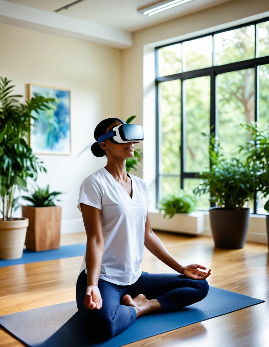 A serene healthcare environment showcasing a diverse group of cancer patients engaging in innovative therapies such as virtual reality sessions, yoga classes, and nutritional workshops. The scene captures a sense of hope and well-being, with a backdrop of greenery and natural light. Include elements like supportive healthcare professionals and personal stories of success displayed on the walls. soft-focus. vibrant colors. calming atmosphere. high resolution.